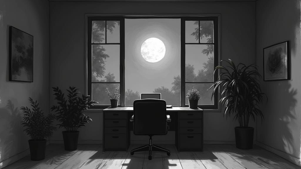 Moonlit Home Office in Muted Greyscale