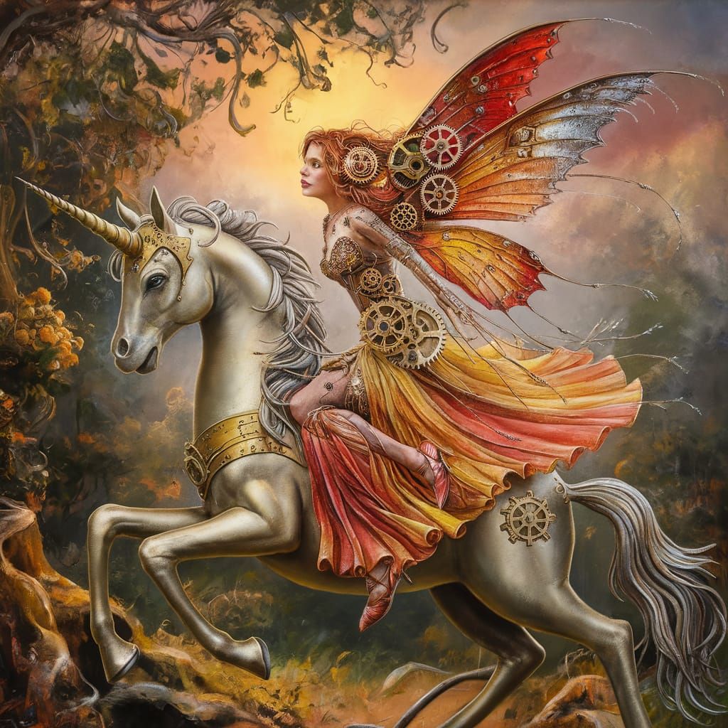 Steampunk Fairy on Metallic Unicorn in Wet Oil Painting