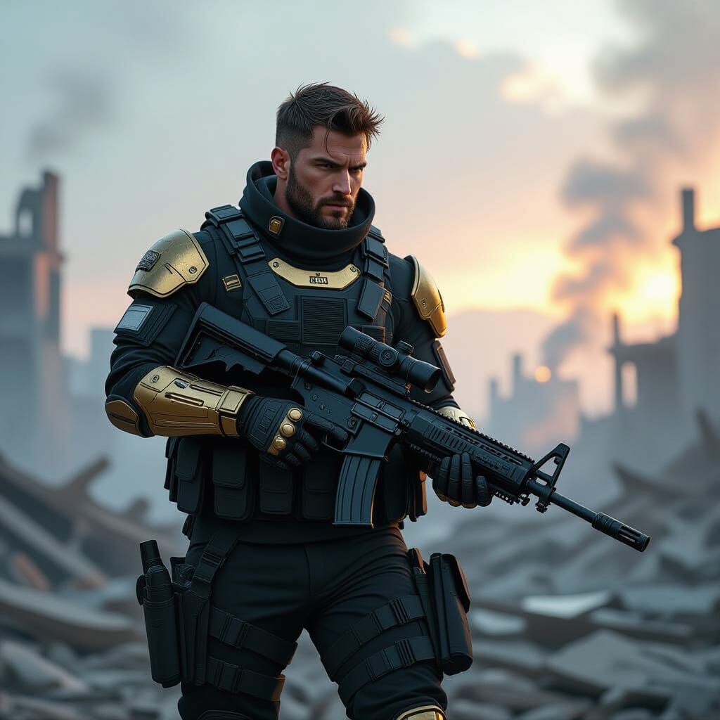 Soldier in Gold Armor in War-Torn City
