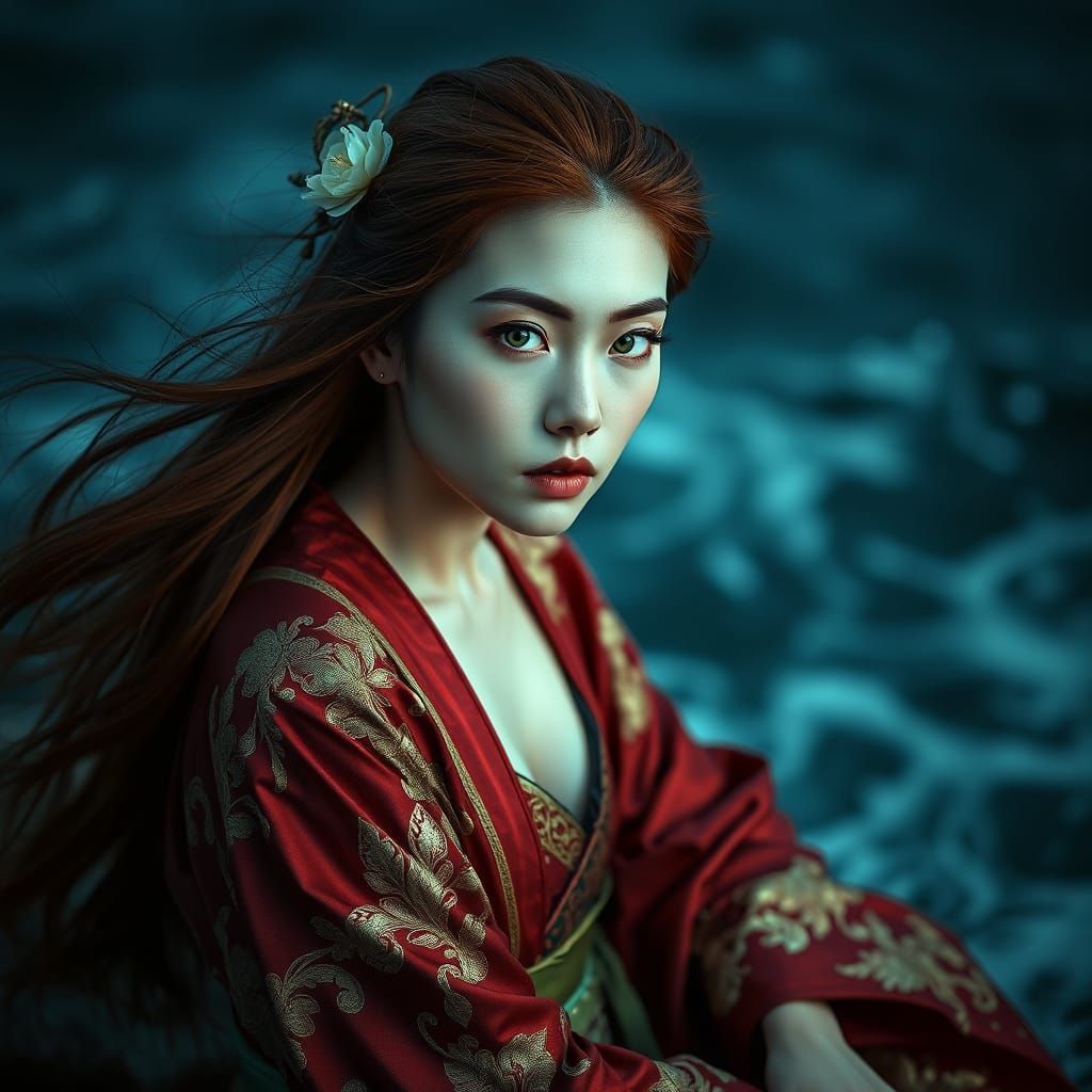 Mysterious Chinese Woman with Green Eyes in Stormy Seas