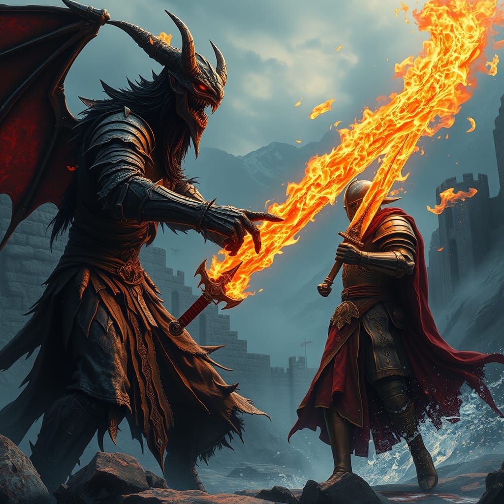 Epic Fantasy Battle: Fiery Demonic Sword vs. Crystal Knight