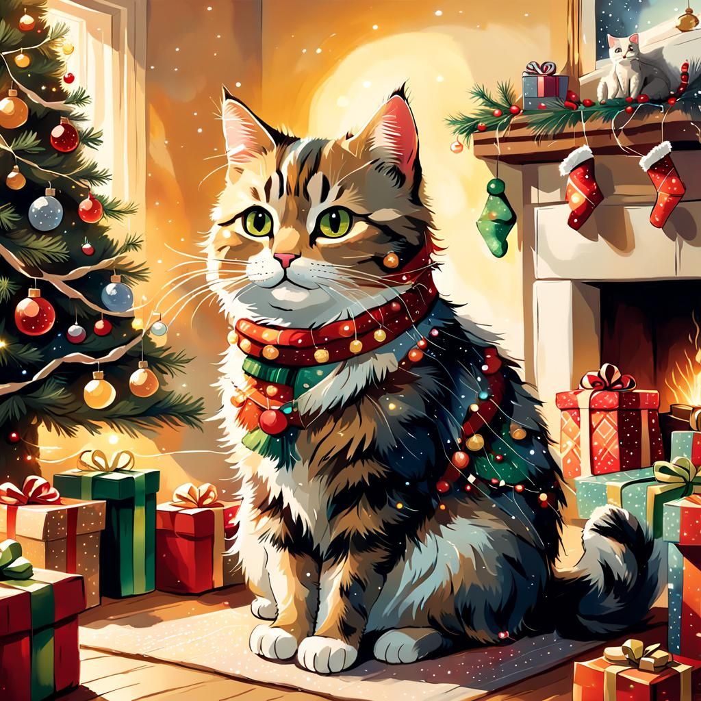 Whimsical Festive Feline in Cozy Holiday Abode