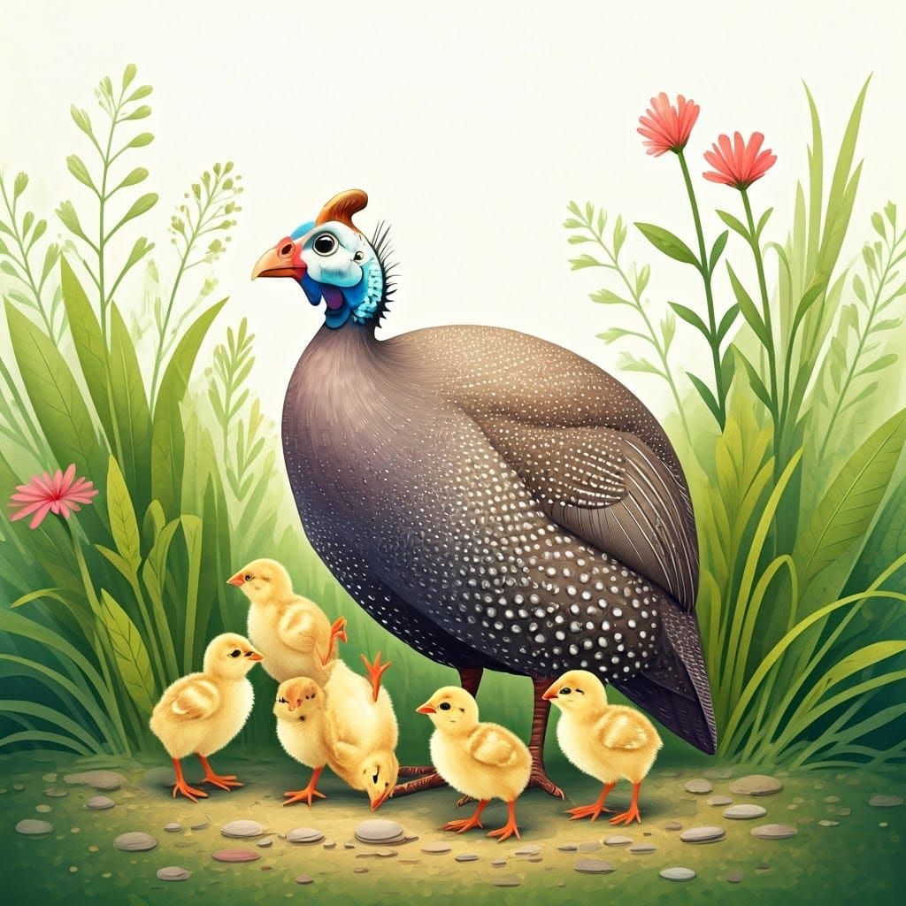 Guineafowl and Chicks in Watercolour Style