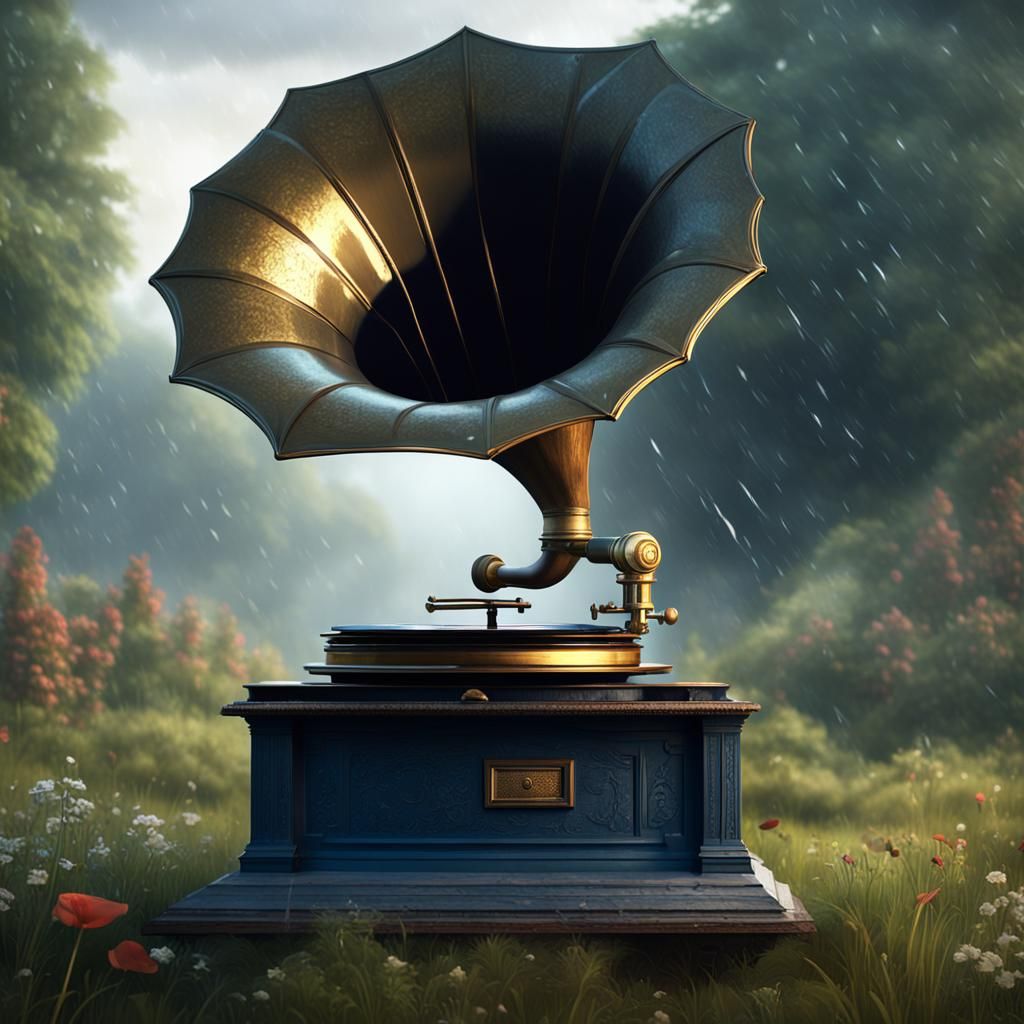 Giant Gramophone in Rainy English Countryside