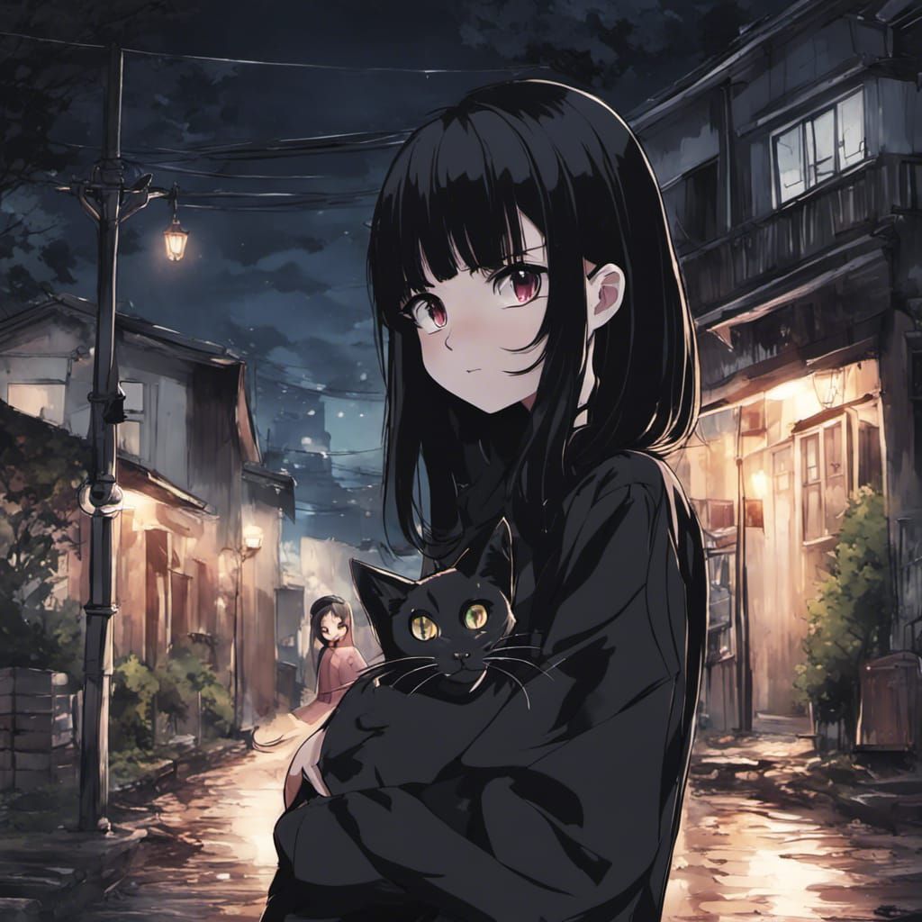 Girl and Black Cat in Anime Style