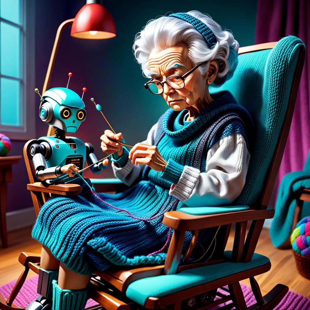 futuristic robot learning how to knit from a grumpy grandma in a rocking chair.