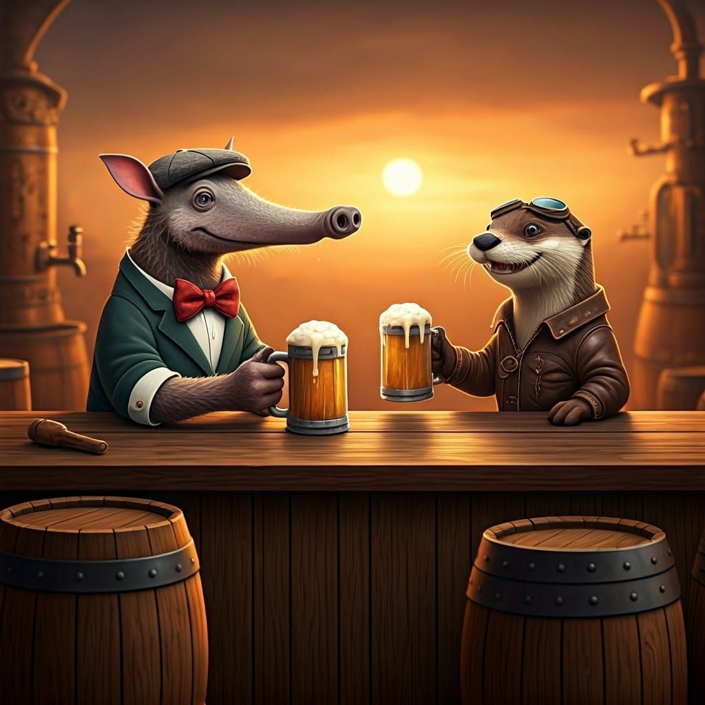 Whimsical Animal Friends Raise a Glass in Rustic Cartoon Sce...