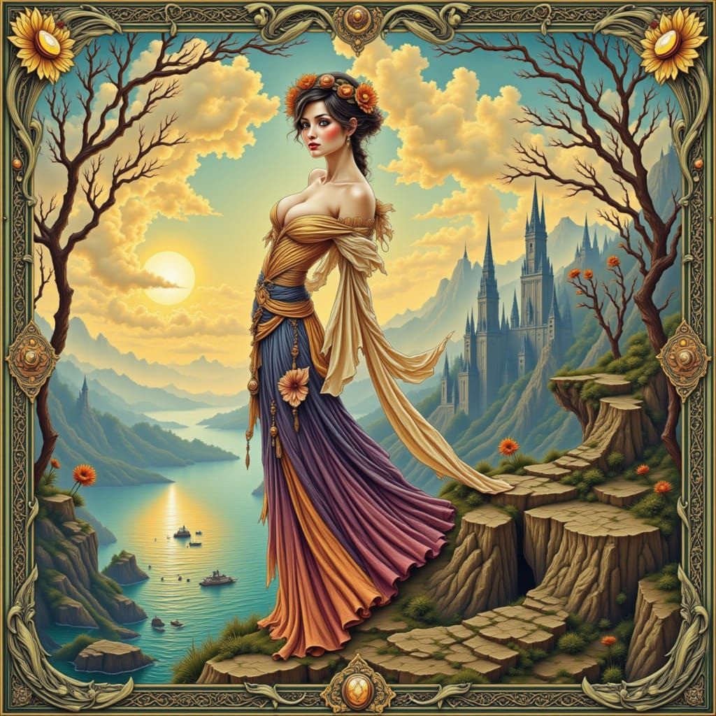 Woman Overlooking Landscape in Art Nouveau Style