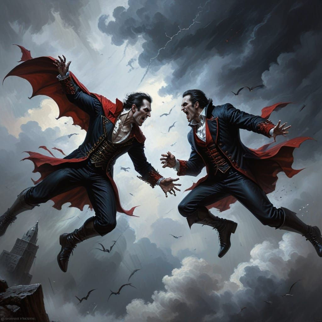 Fierce Vampires Battle in Detailed Oil Painting