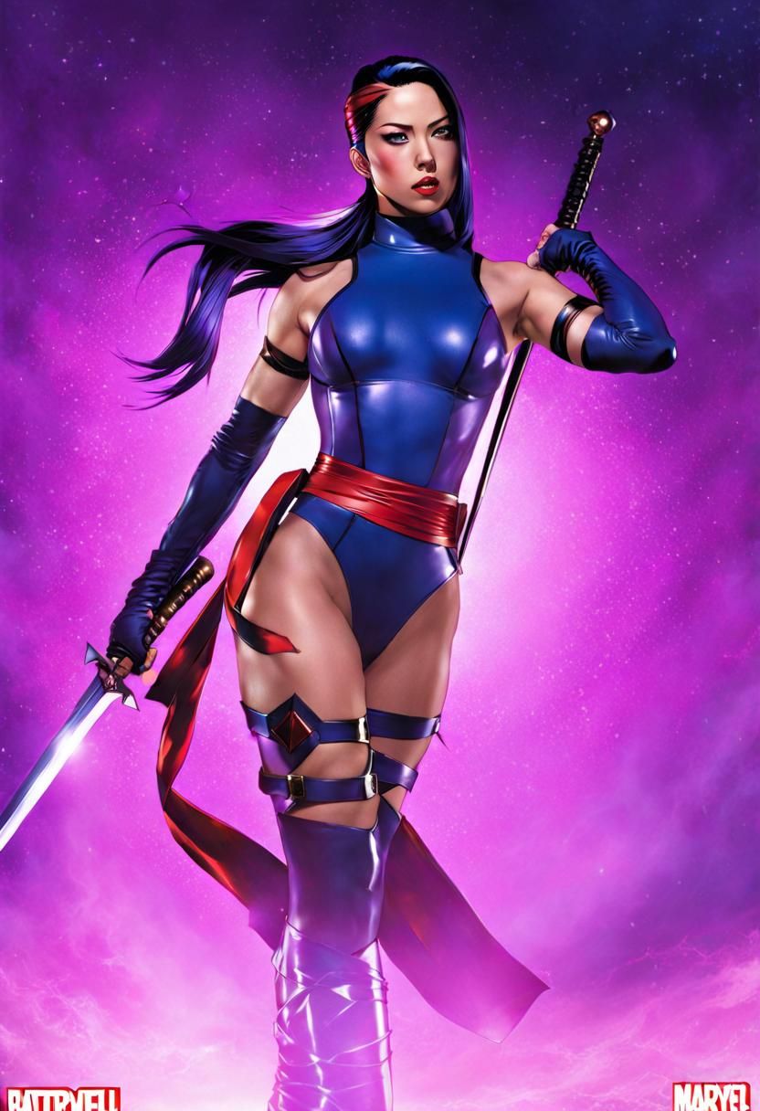 Psylocke, latex, red sash, swords, battlefield
