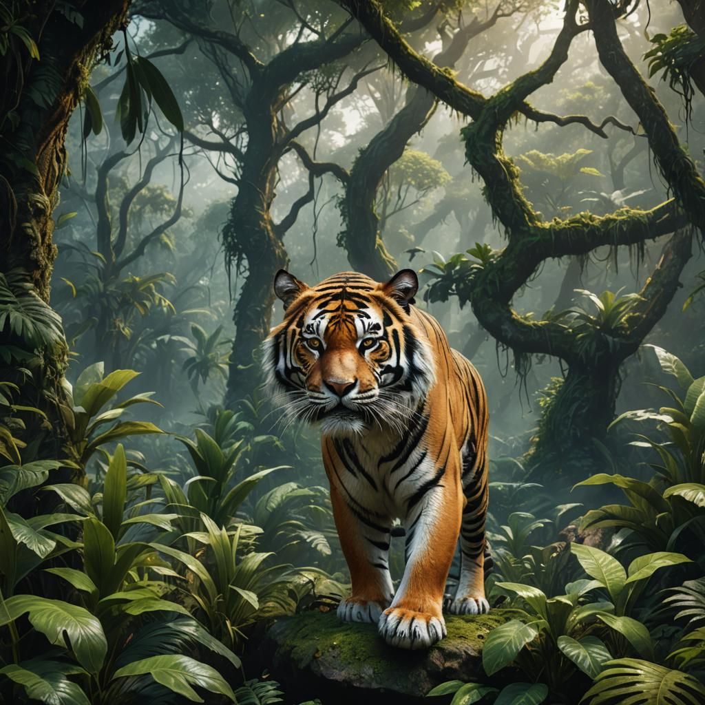 Majestic Tiger in Lush Jungle Landscape