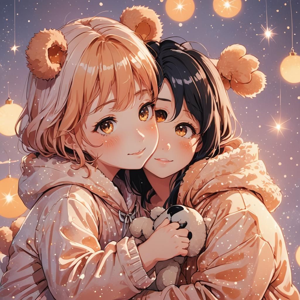 Anime Girls Hugging Teddy Bear in Kawaii Style