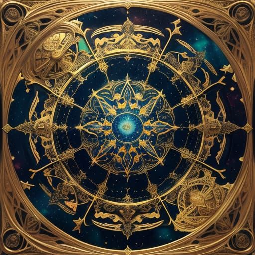 Cosmic Castle in Art Nouveau Style with Golden Details