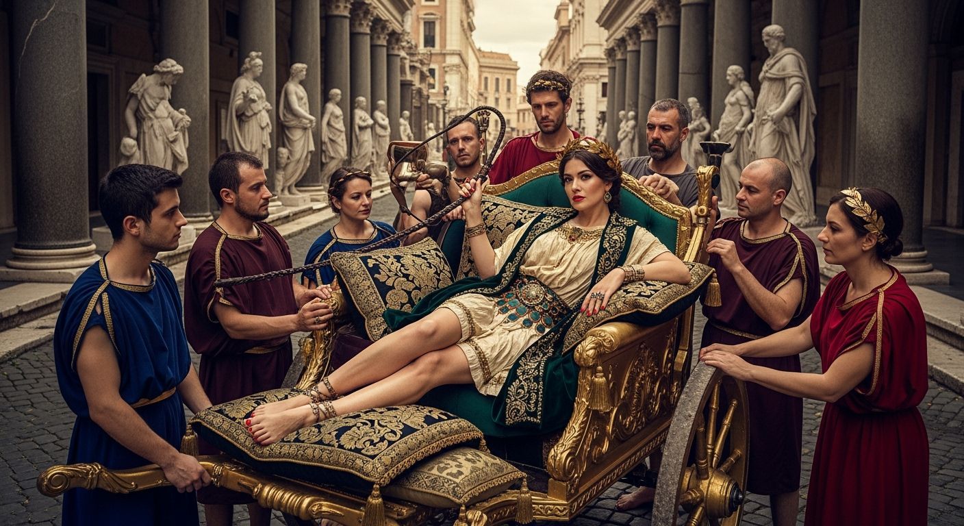 Regal Roman Empress in Lavish Gold Chariot