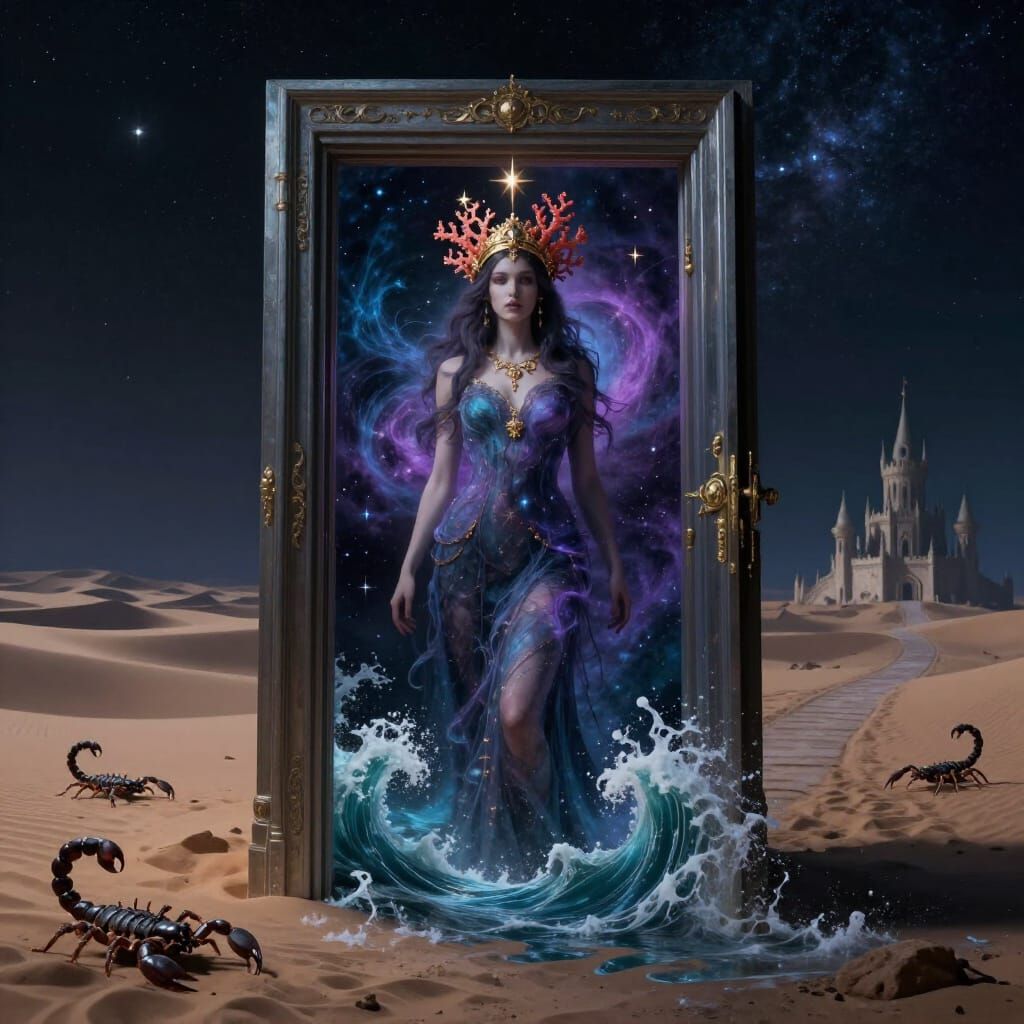 Ethereal Figure Before Castle Door in Dark Fantasy Style