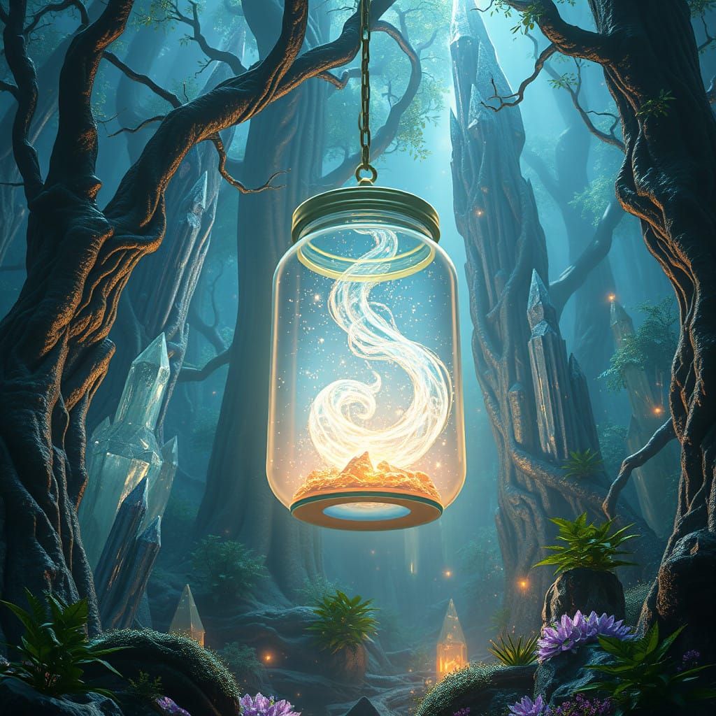 Radiant Crystal Realm with Glowing Jar and Cosmic Stars