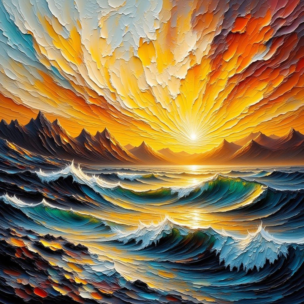 Golden Hour Seascape with Thick Impasto Brushstrokes