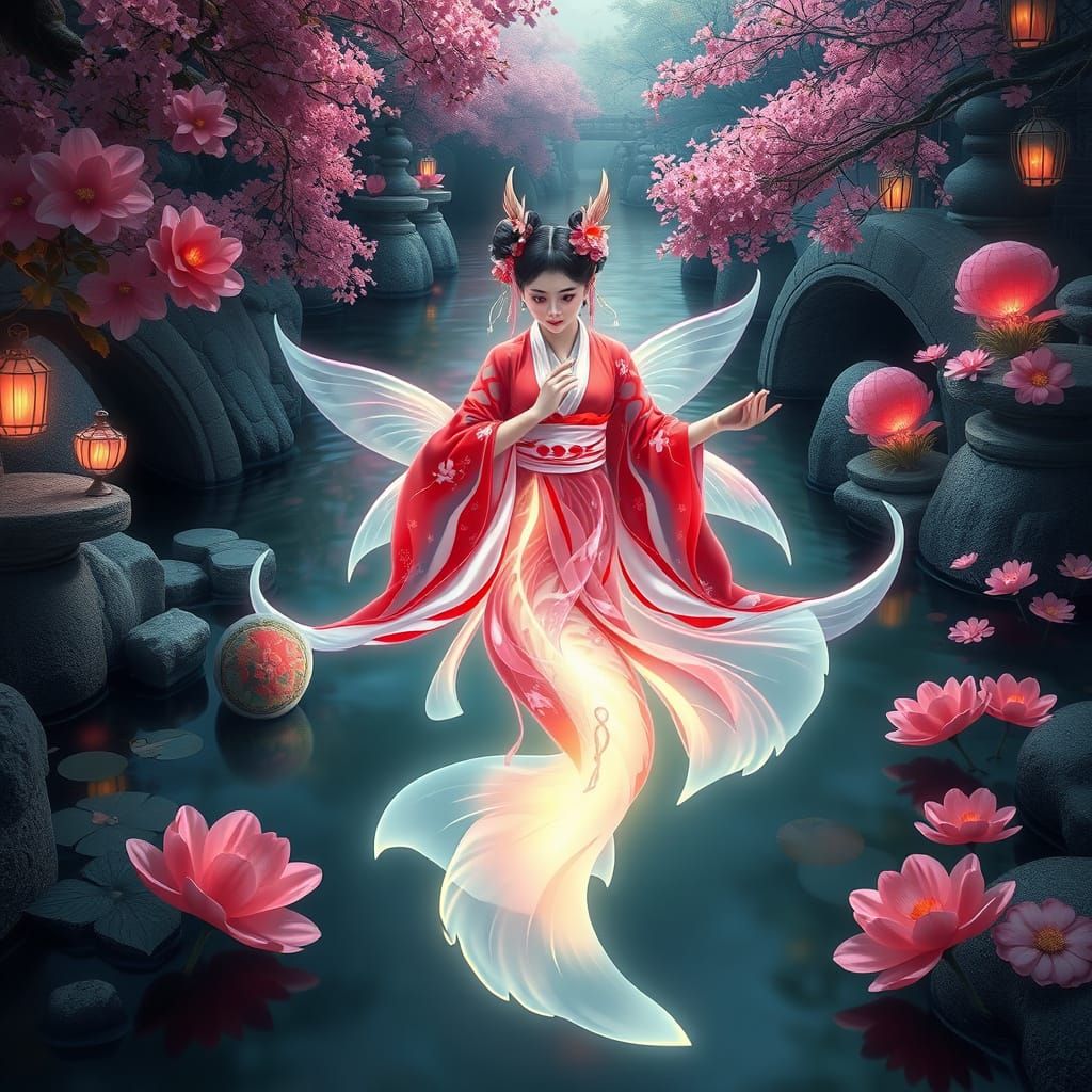 Koi Fish Princess in Japanese Garden Art