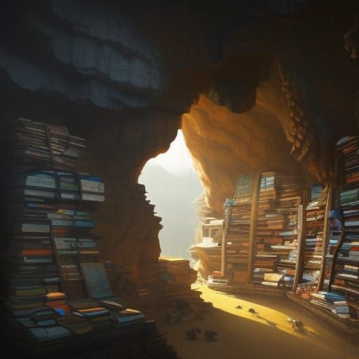 Fantastical Cave Made of Books in 8k