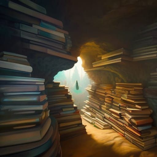 Fantastical Cave Made of Books: Detailed Matte Painting