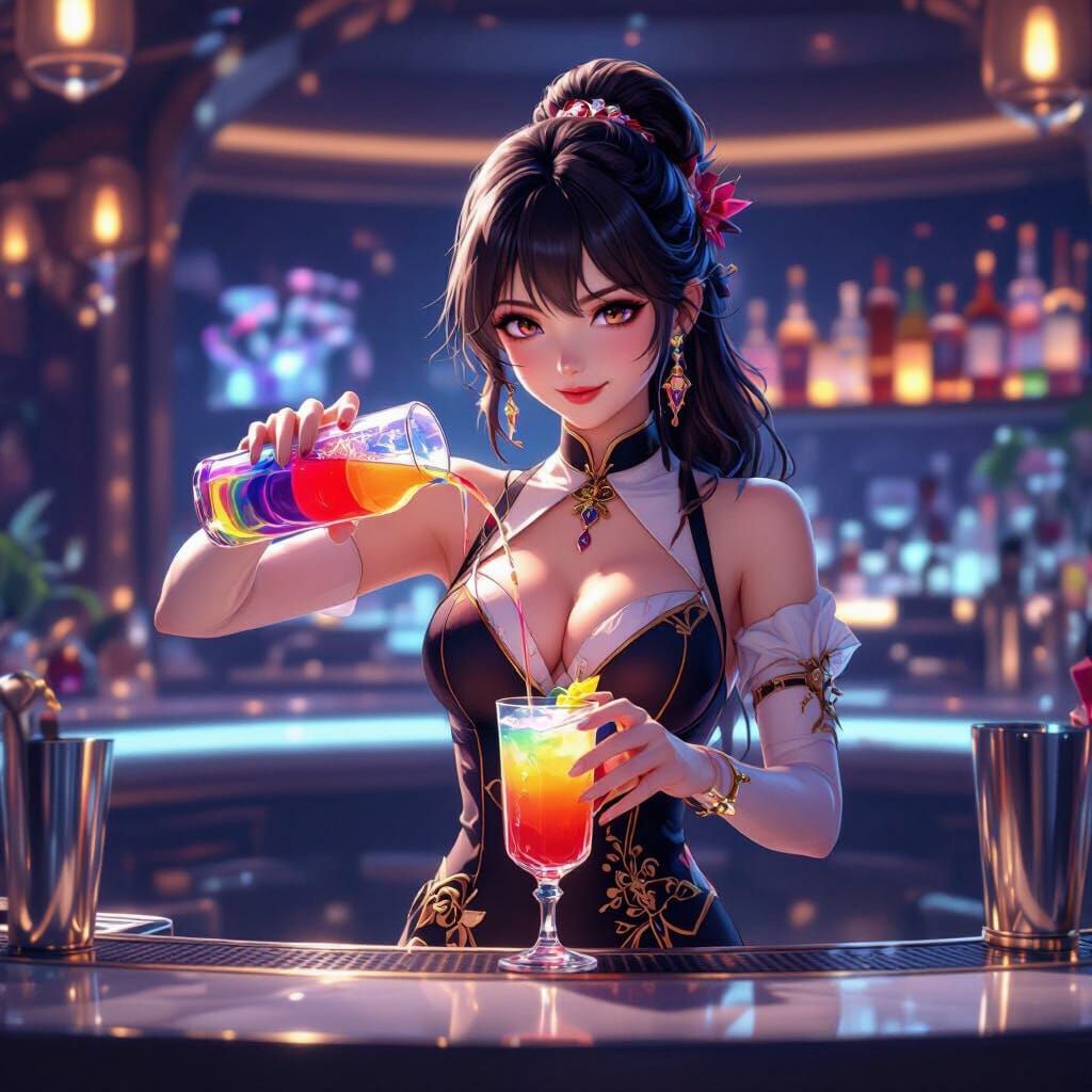 Rainbow Cocktail Served by Bartender in Anime 3D Style