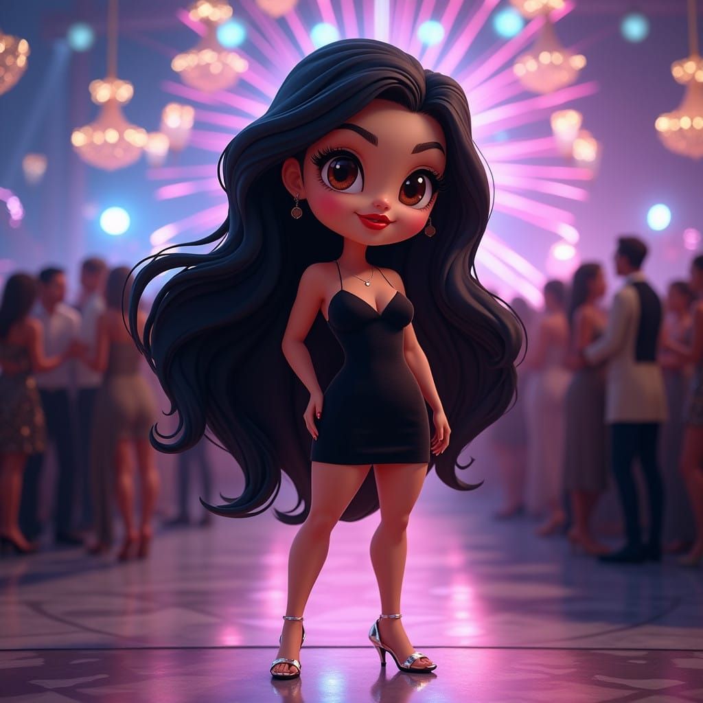 Stunning Chibi Goddess in Elegant Black Mini Dress