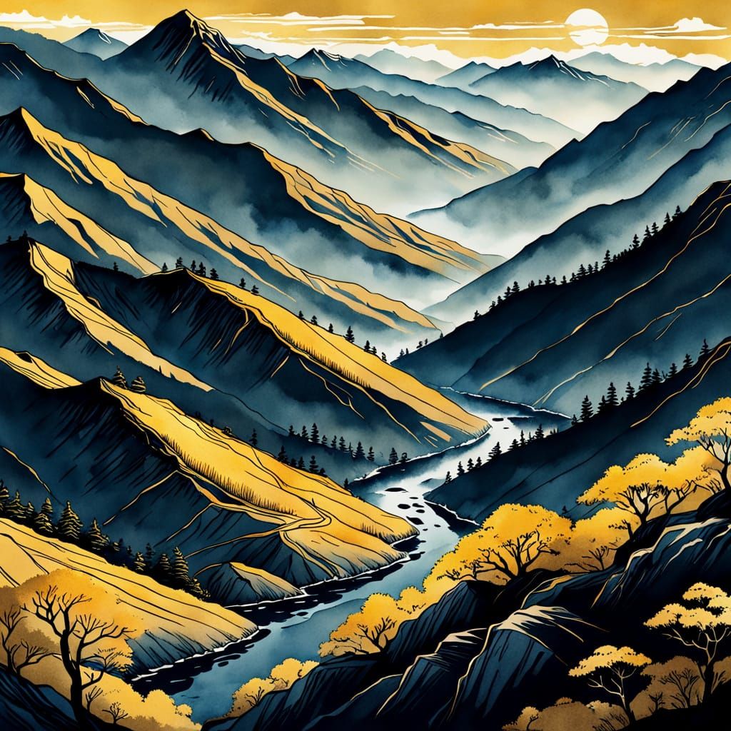 Mountains in Morning Light: Japanese Ink Illustration