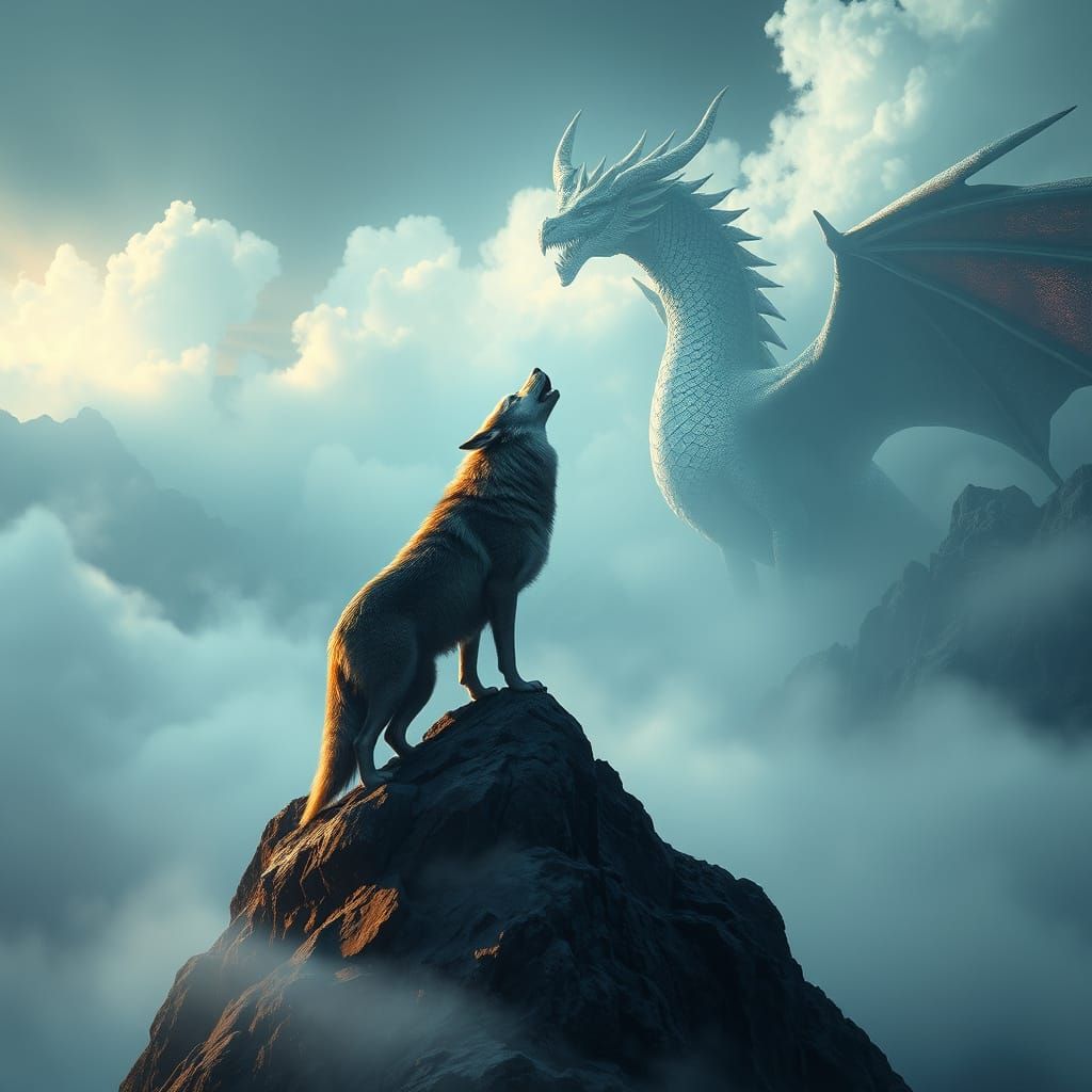 Majestic Wolf and Dragon Confrontation in a Fantastical Land...