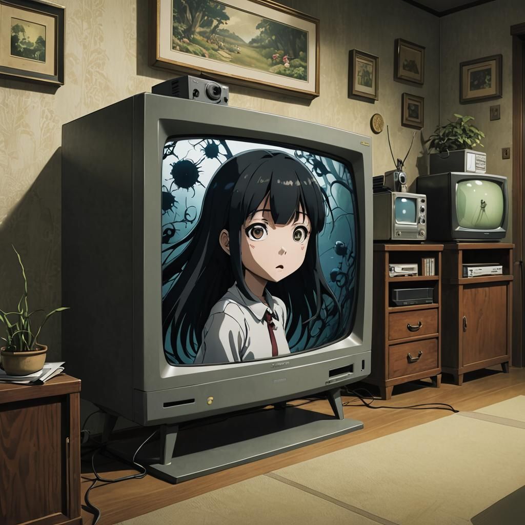 Creepy Anime Ringu Girl Emerges from TV Monitor