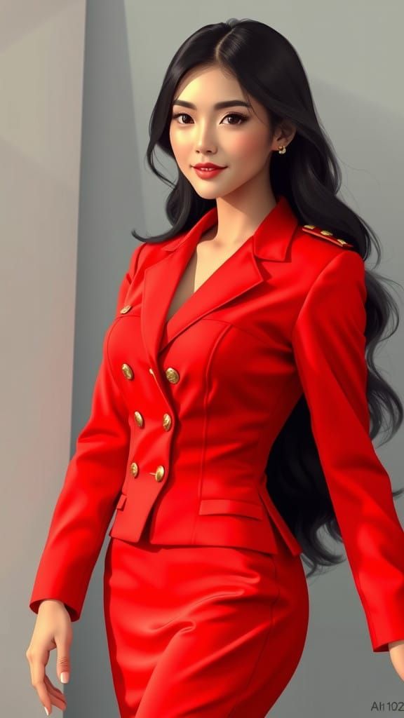 Hyper-Realistic Japanese Flight Attendant in Red Uniform