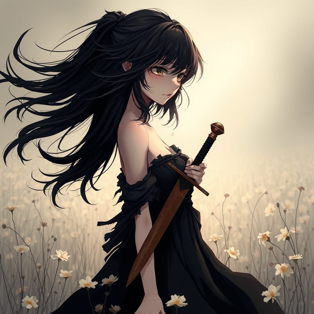 Melancholic Anime Girl with Dagger in Withered Field