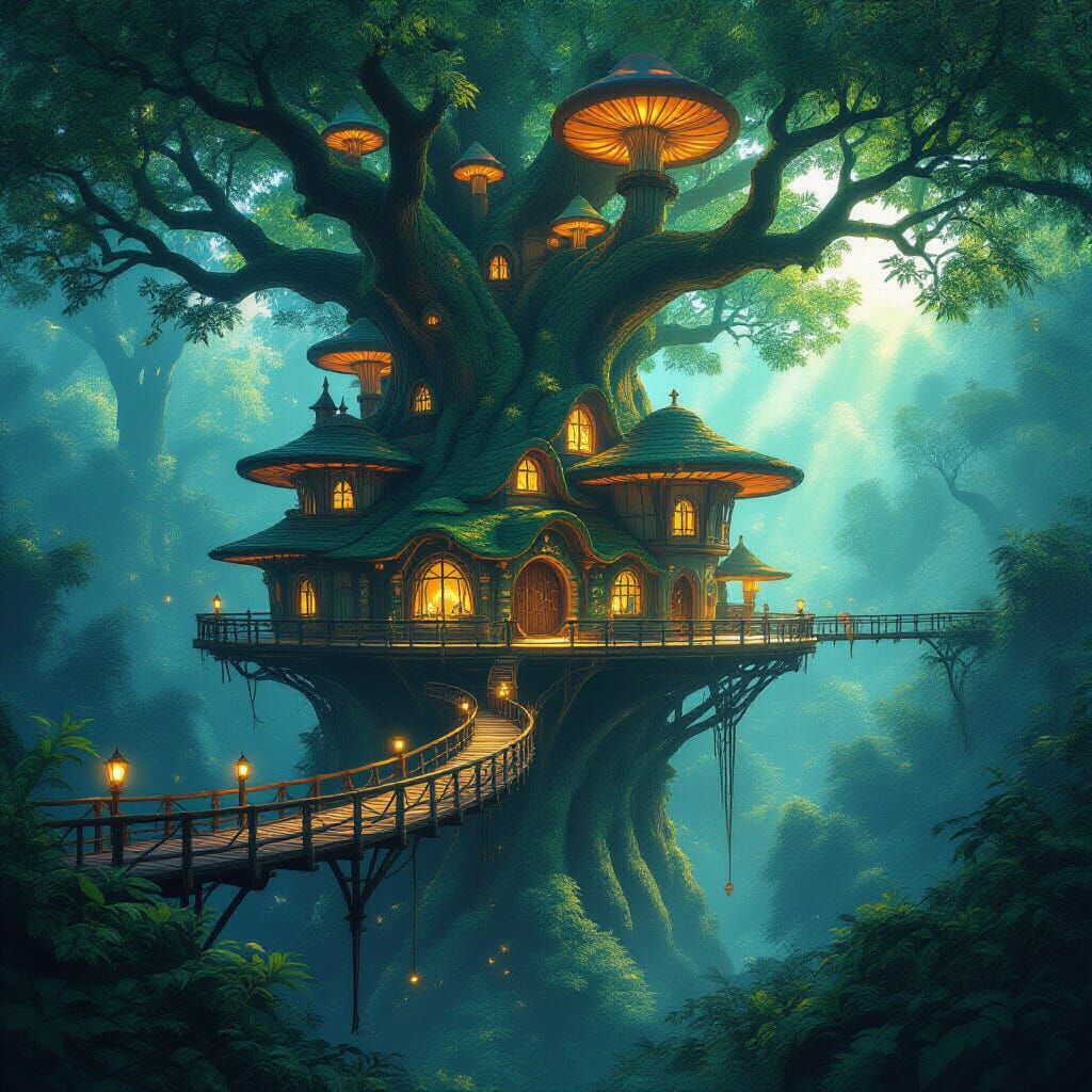 Ancient Treehouse Village in Bioluminescent Forest