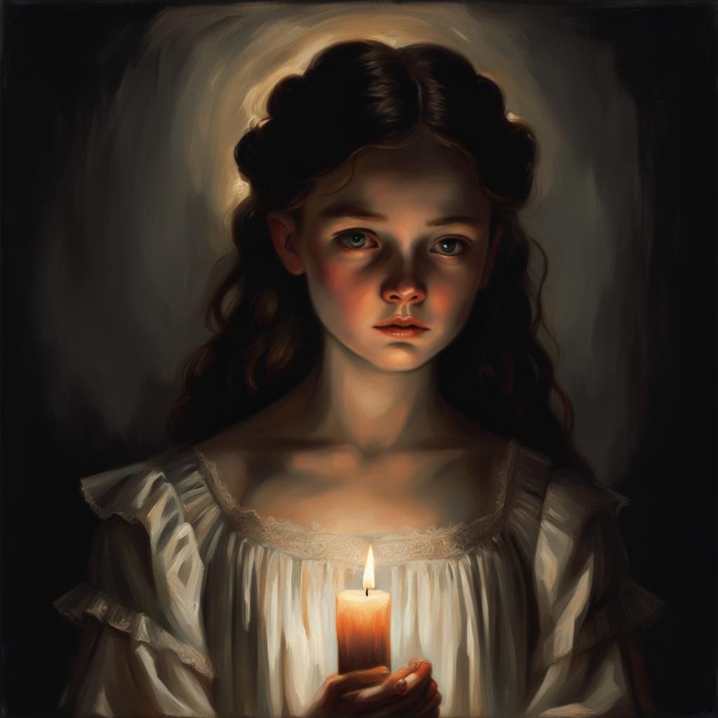 Eerie Glow: Girl with Candle in Dark Room