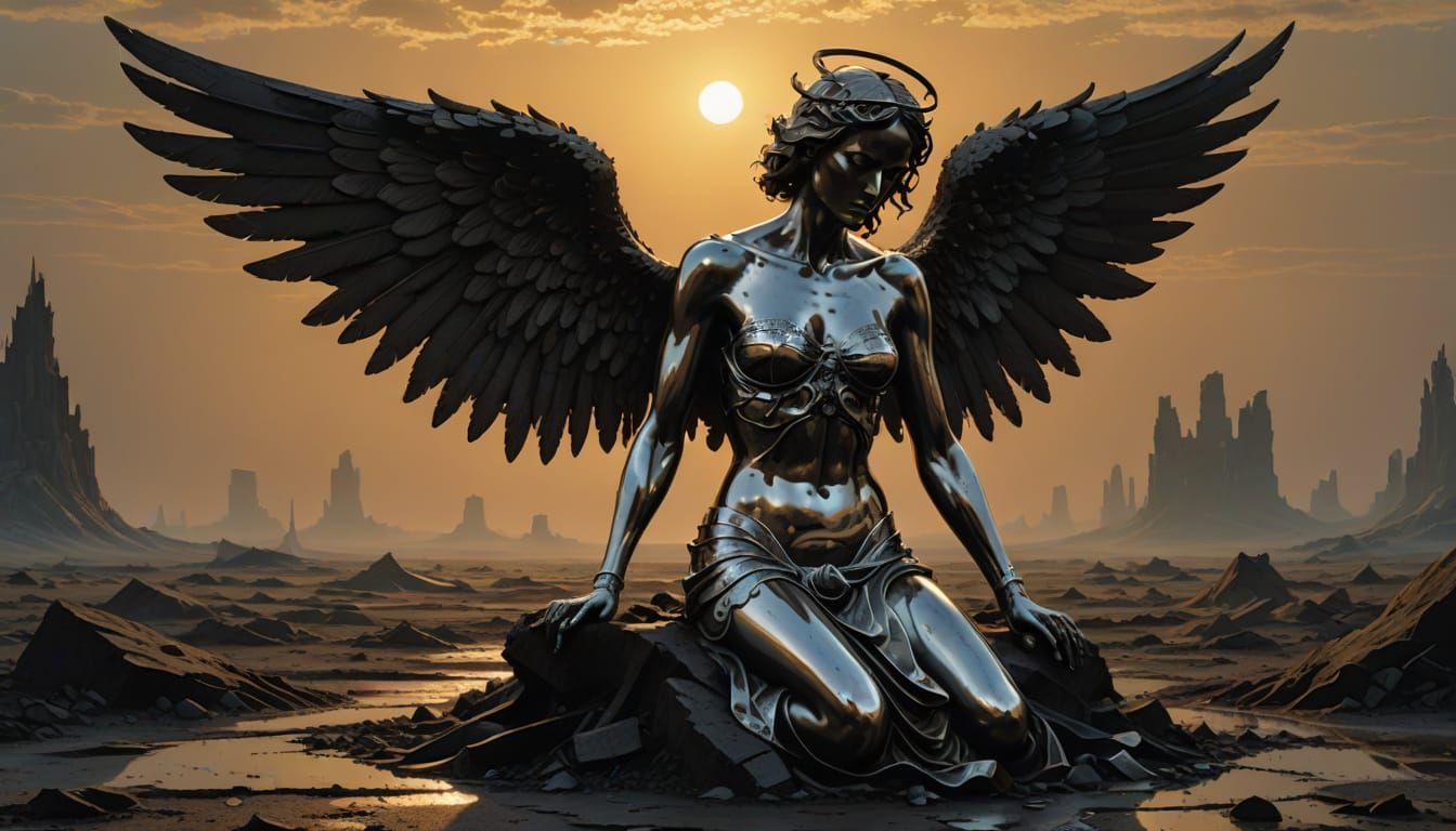 Cyberpunk Fallen Angel Statue in Desolate Wasteland