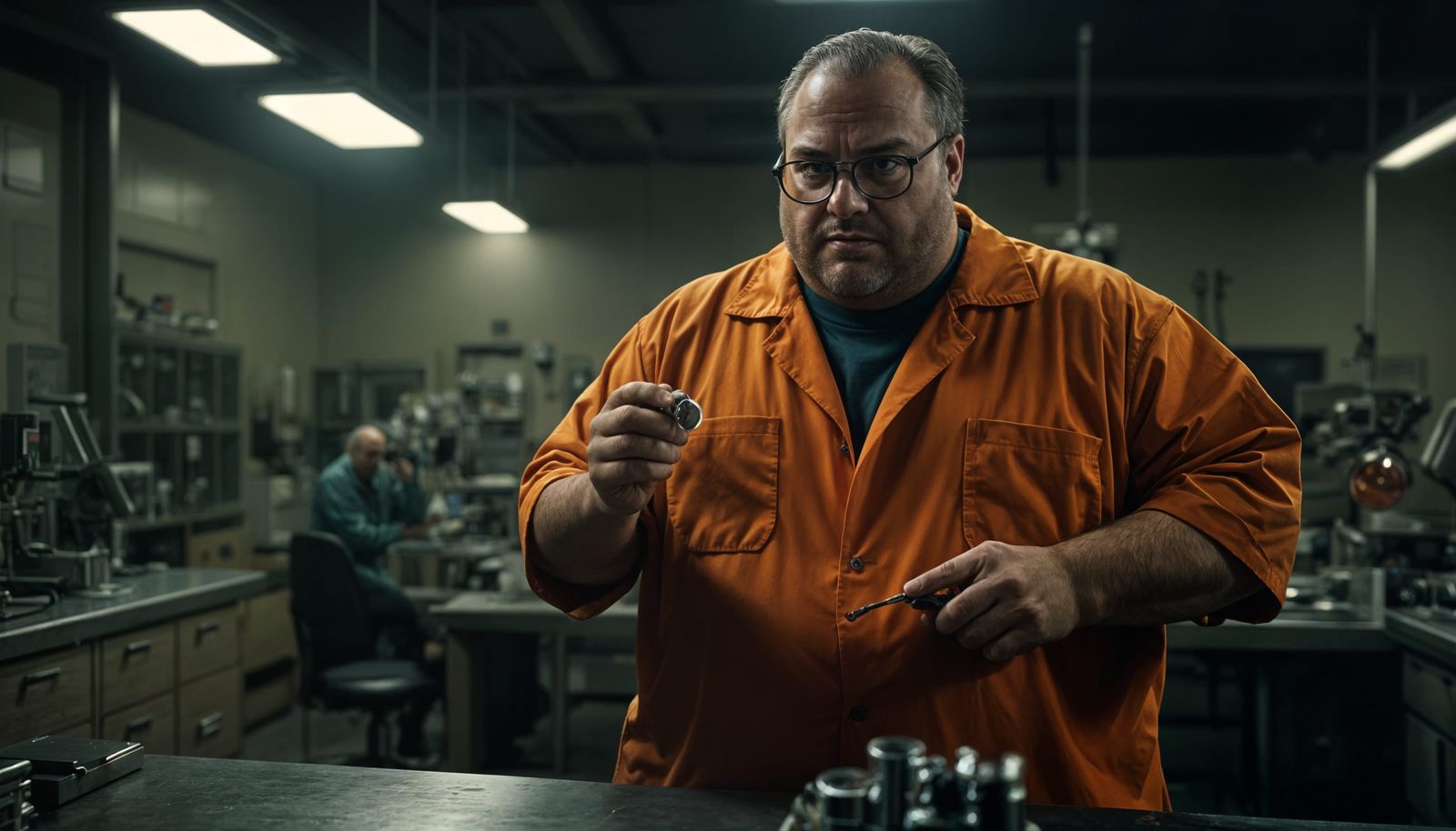 Fat Scientist in Prison Jumpsuit, Cinematic Still