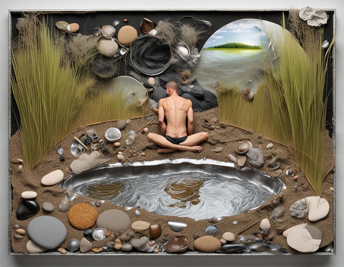Mixed Media Collage: Man Bathing in Stream