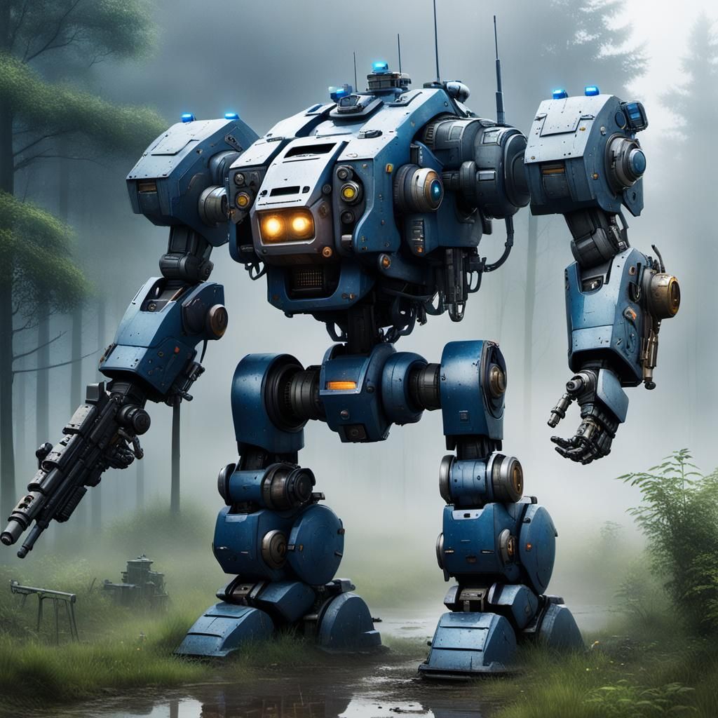 Realistic Mecha Police Robot in Apocalyptic Landscape