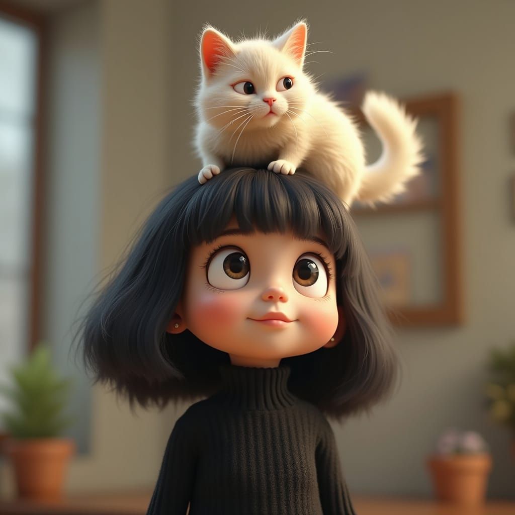 Whimsical Girl Surrounded by Fuzzy Feline Friends in a Cyber...