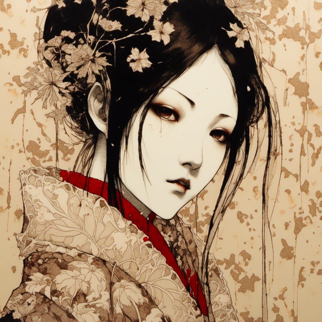 Sepia Portrait with Red Accents in Japanese Style