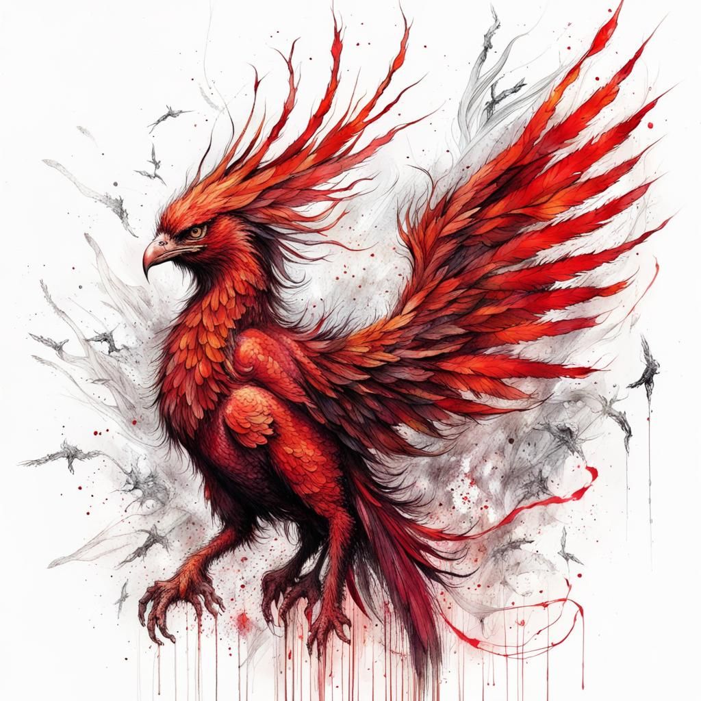 Fiery Phoenix Rising: Detailed Ink Drawing