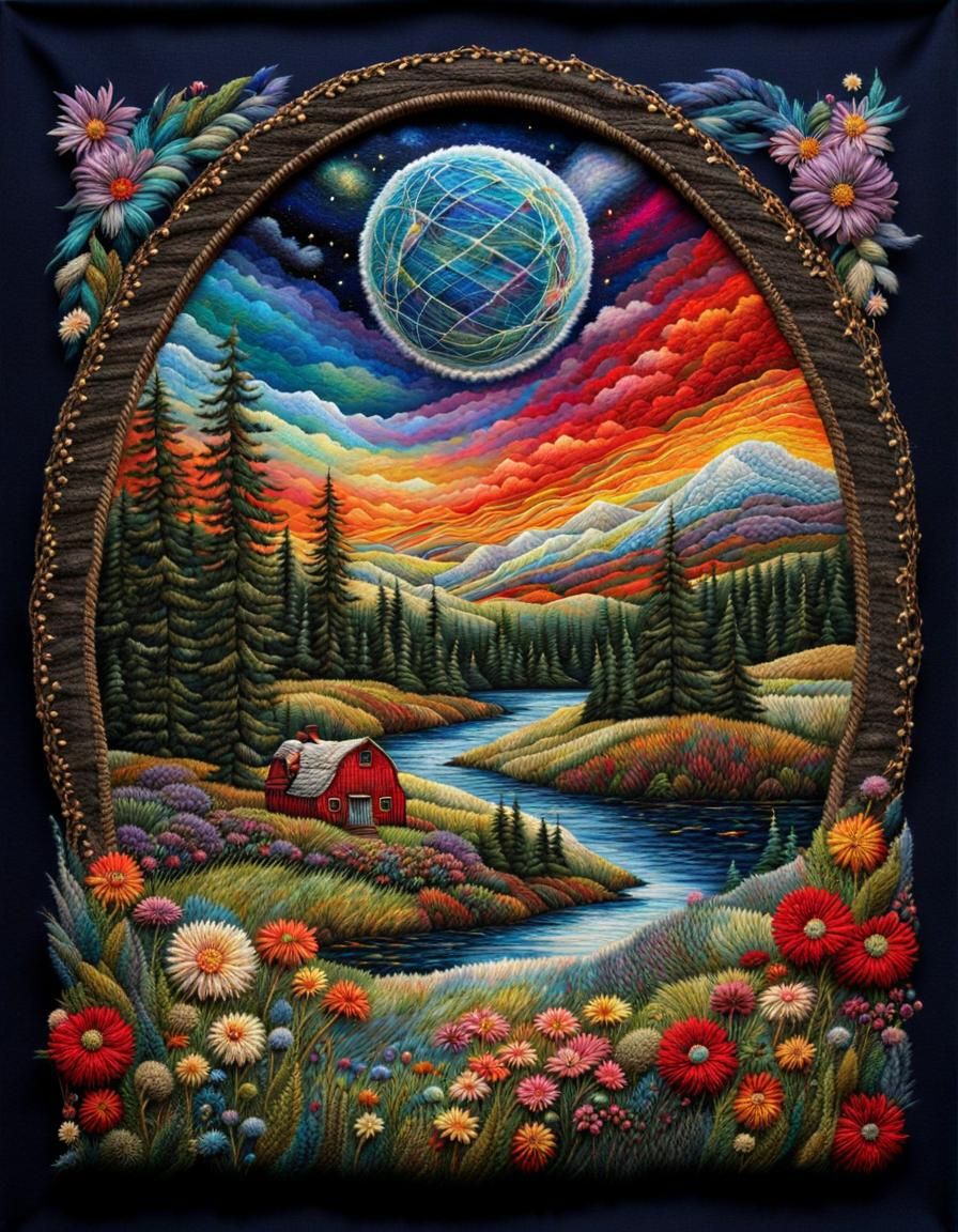 Magical Landscape in Plaid Embroidery Art