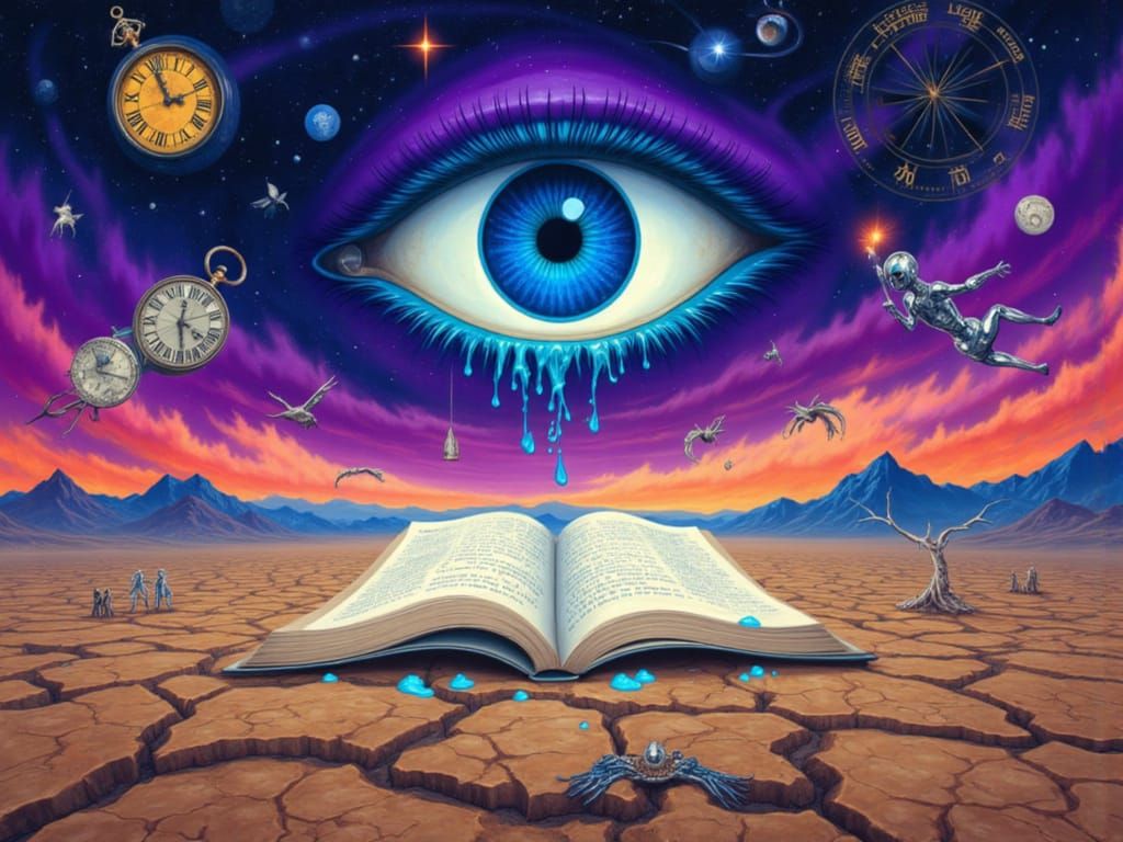 Surreal Desert Dreamscape with Melting Eye and Fiery Book
