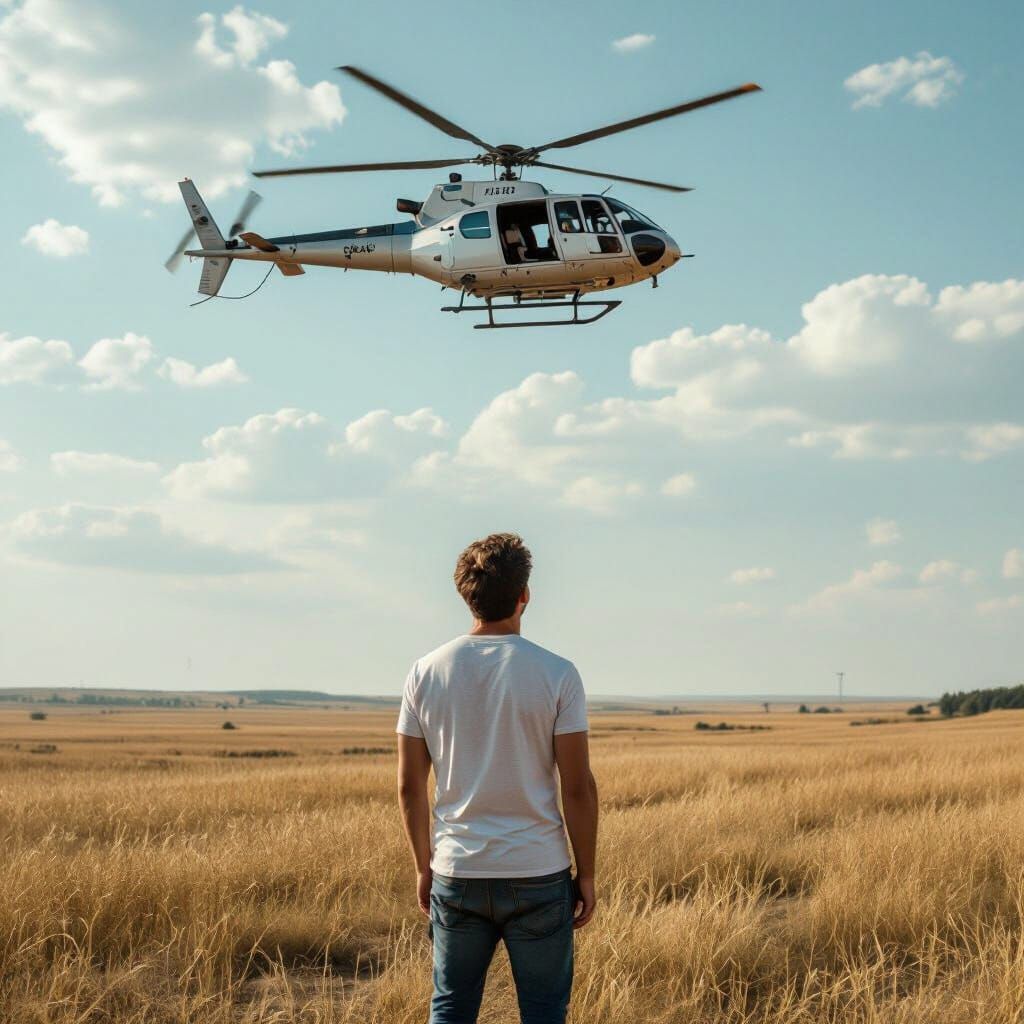 Man Stares at Helicopter in Fantasy Landscape