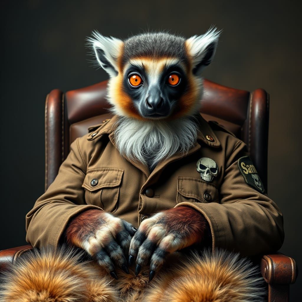 An extra large ringtail lemur sits in a chair, wearing a worn military-style jacket on the right side “Sammy”, adorned w...