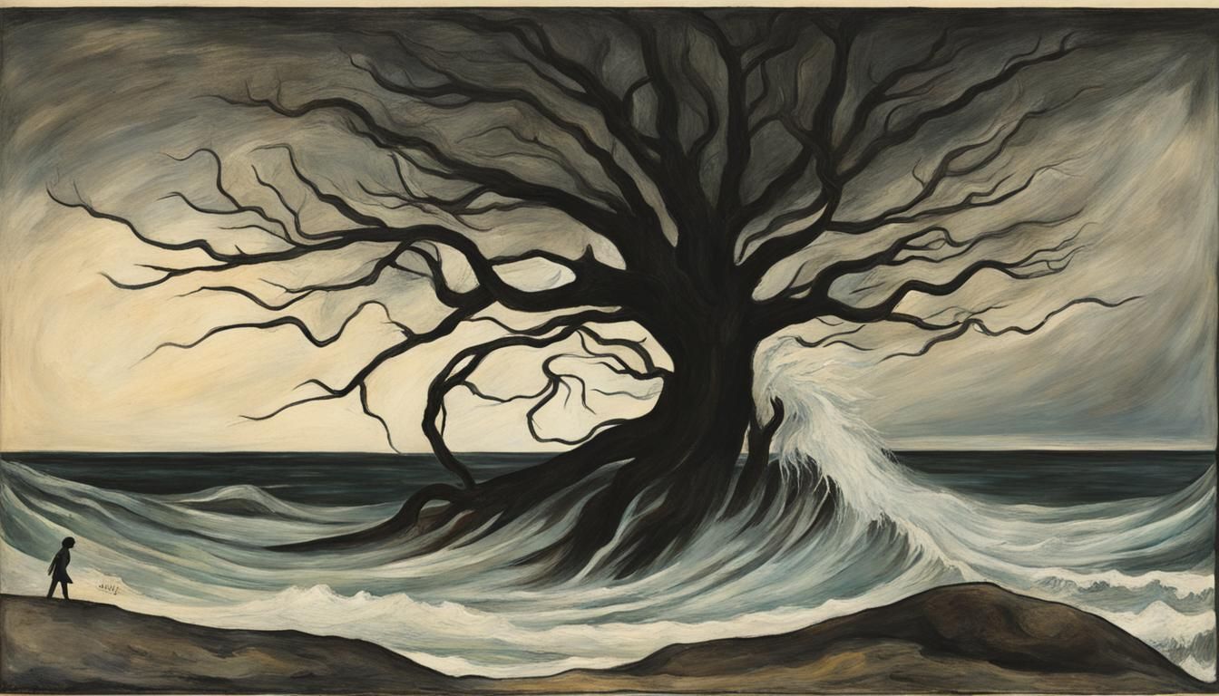 Stormy Sea Tree with Figure: Expressionist Painting