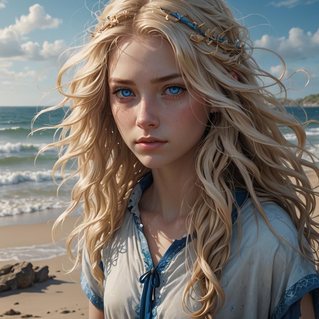 Blonde Teenage Girl at the Beach in Detailed Painting