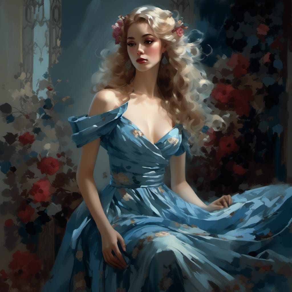 Blue Floral Dress Illustration in Retro Style