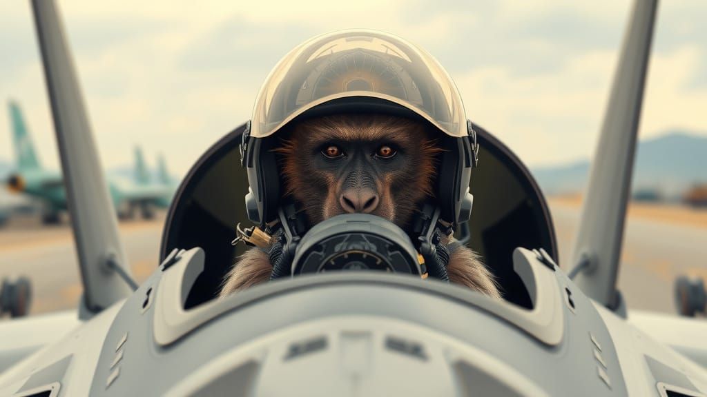 Photorealistic Baboon Pilot in F-35 Cockpit