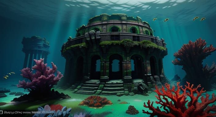 Underwater Atlantean City Ruins with Bioluminescent Flora