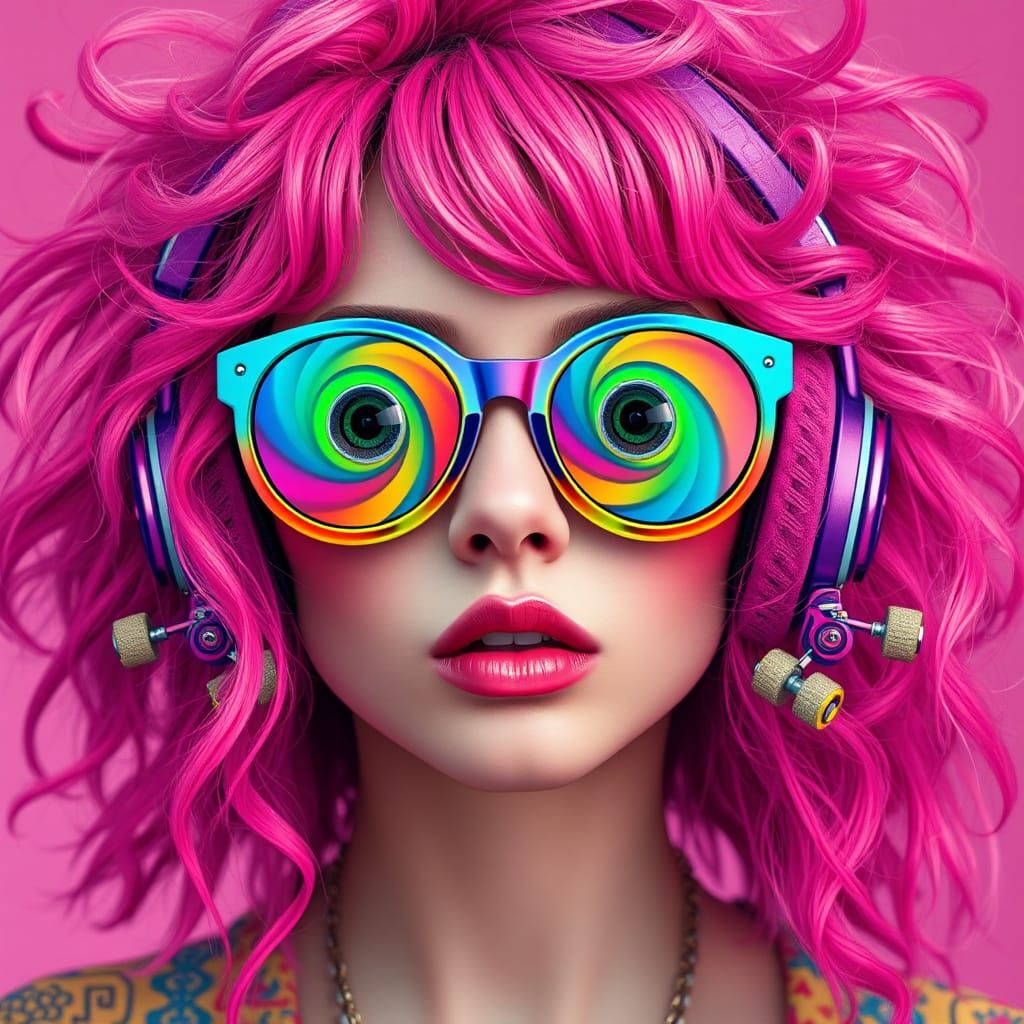 Whimsical Woman with Cotton Candy Hair in Fantasy Art